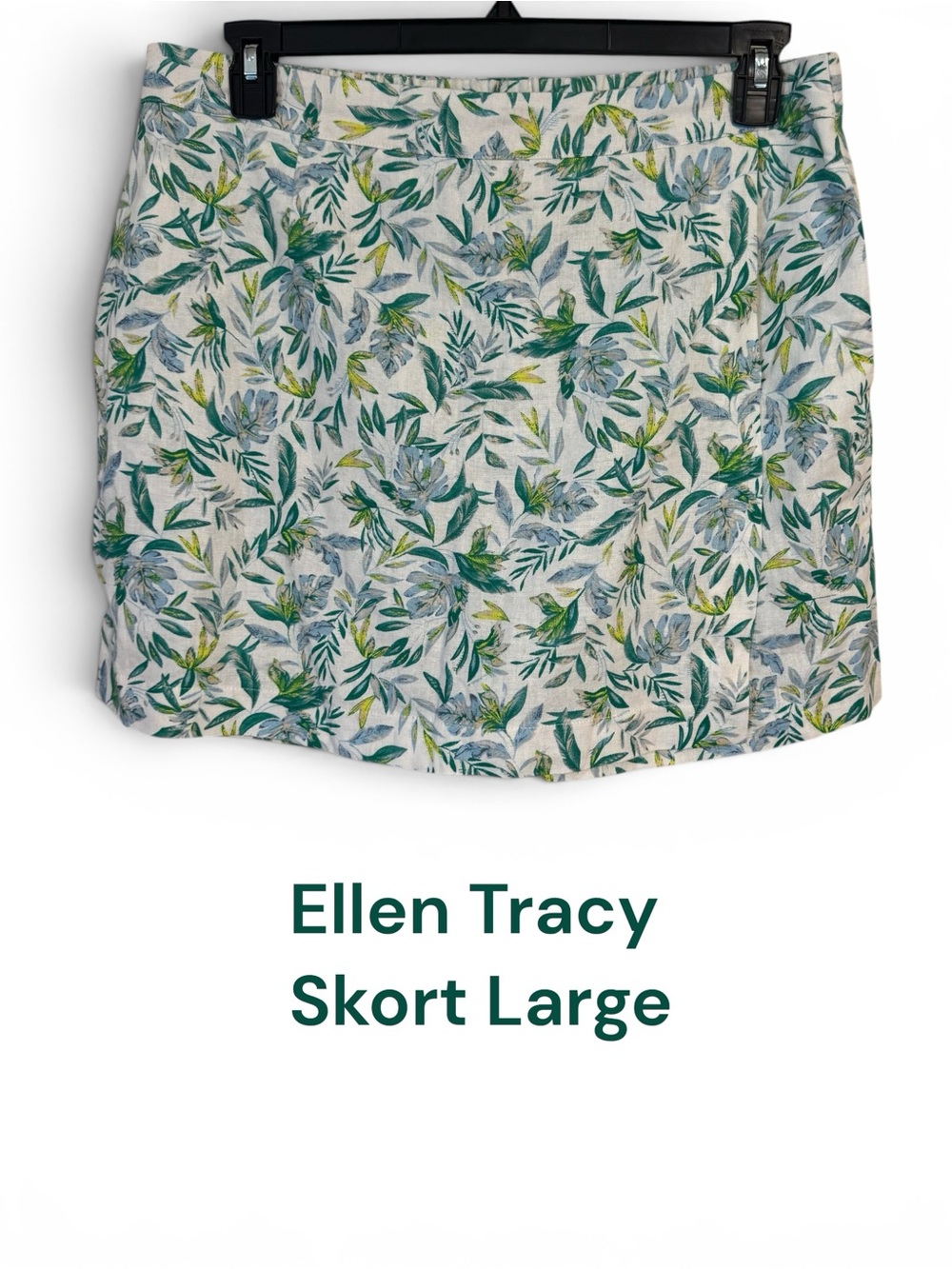 ELLEN TRACY Cream Skort with Green & Blue Leaf Print LARGE #M